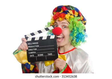 Clown With Movie Clapper Isolated On White