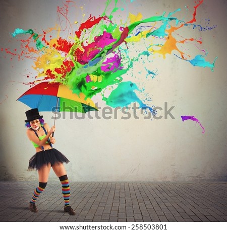 Clown is repaired by a colorful rain