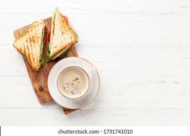 Club Sandwich And Coffee Cup. Breakfast Meal. Top View With Copy Space