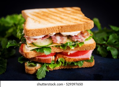 Club Sandwich With Ham, Bacon, Tomato, Cucumber, Cheese, Eggs And Herbs On Dark Background.