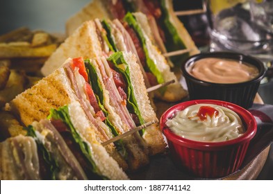 Club Sandwich With Mayonaise On Table.