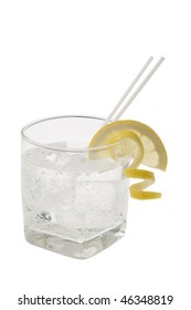 Club Soda With Lemon Slice And Peel Garnish On White Background