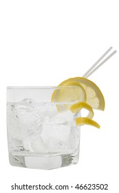 Club Soda With Lemon Slice And Peel Garnish On White Background