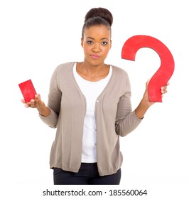 Clueless African Woman With Paper Question Mark On White Background