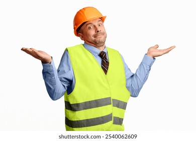 Clueless Builder Worker Shrugging Shoulder Looking At Camera Posing Over White Background. Studio Shot