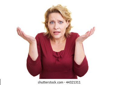 Clueless Woman Shrugging Helpless With Her Shoulders