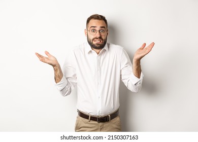 Clueless Worried Manager Shrugging, Looking Confused, Standing Over White Background