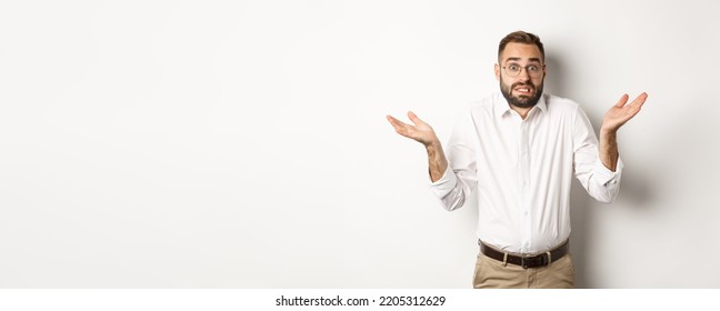 Clueless Worried Manager Shrugging, Looking Confused, Standing Over White Background