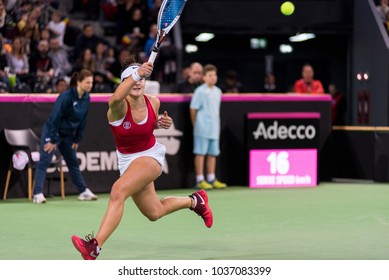 CLUJ NAPOCA, ROMANIA - FEBRUARY 10, 2018: Canadian Tennis Player Bianca Andreescu Plays Against Irina Begu From Romania During A Fed Cup Match 