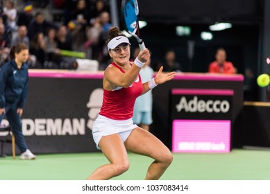 CLUJ NAPOCA, ROMANIA - FEBRUARY 10, 2018: Canadian Tennis Player Bianca Andreescu Plays Against Irina Begu From Romania During A Fed Cup Match 