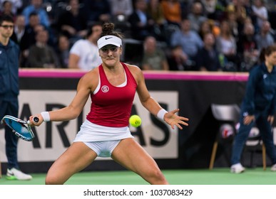 CLUJ NAPOCA, ROMANIA - FEBRUARY 10, 2018: Canadian Tennis Player Bianca Andreescu Plays Against Irina Begu From Romania During A Fed Cup Match 