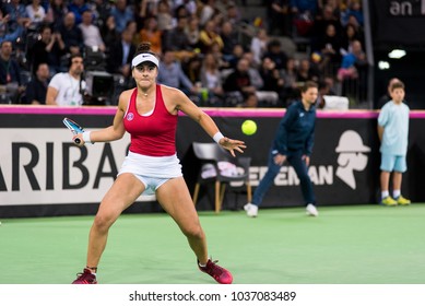 CLUJ NAPOCA, ROMANIA - FEBRUARY 10, 2018: Canadian Tennis Player Bianca Andreescu Plays Against Irina Begu From Romania During A Fed Cup Match 