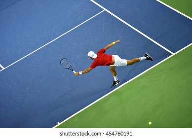 CLUJ NAPOCA, ROMANIA - JULY 16, 2016: Spanish Tennis Player Feliciano Lopez Playing During A Match Davis Cup By BNP Paribas Match Romania Vs Spain