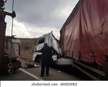 Cluj Napoca/Romania - March 09, 2017: Road Accident Involving Two Big Trucks, As A Result Of An Illegal Overtaking, No Human Victims, Only Material Damages, Placed On DN1E60, Unimog And Renault Truck