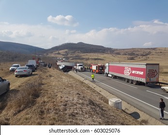 Cluj Napoca/Romania - March 09, 2017: Road Accident Involving Two Big Trucks, As A Result Of An Illegal Overtaking, No Human Victims, Only Material Damages, Placed On DN1E60, Unimog And Renault Truck