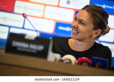 CLUJ, ROMANIA - JUNE 14, 2019: Romanian Tennis Player Simona Halep Answering Questions During The Press Conference Before The Friendly Tennis Match Against Daniela Hantuchova At Sports Festival