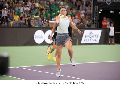 CLUJ, ROMANIA - JUNE 15, 2019: Tennis Player Legend Simona Halep Playing Against Daniela Hantuchova During The Sports Festival