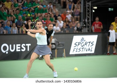 CLUJ, ROMANIA - JUNE 15, 2019: Tennis Player Legend Simona Halep Playing Against Daniela Hantuchova During The Sports Festival