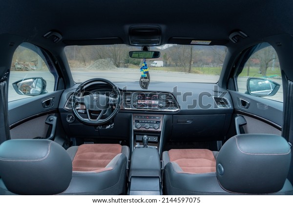 Cluj-Napoca,\
Cluj-Romania-04.02.2022-Inside Seat Ateca Xcellence-Alcantara\
upholstery, comfortable seats for driver and passenger, close up\
photo, detailed, no\
people