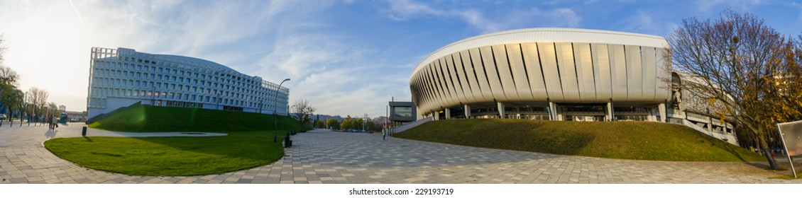 CLUJ-NAPOCA, ROMANIA - 6 NOVEMBER 2014: Cluj Arena stadium and Cluj Sports Hall in Cluj-Napoca, Romania on a sunny autumn day A modern football and sports arena and hall in The Heart of Transylvania