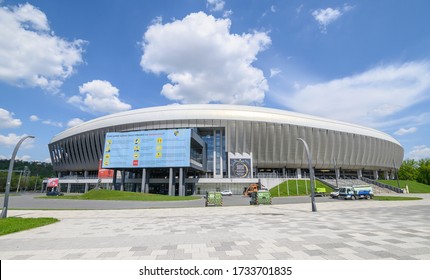 Cluj-Napoca, Romania - 9 May 2020: The Cluj Arena Stadium Where The Untold Music Festival Is Usually Organised With An Informative Banner And No People Around Because Of The COVID Virus Pandemic