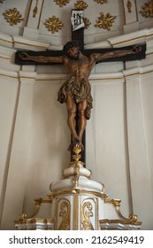 CLUJ-NAPOCA, ROMANIA - MAY 3, 2014: Crucifix, Above Side Altar, Inside Of Cluj-Napoca Franciscan Church, On Museum Square.