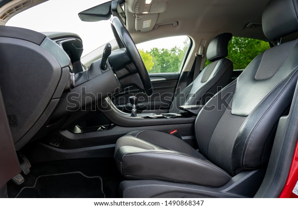 Cluj-Napoca,Cluj/Romania-08.10.2019-leather\
upholstery combined with textile material. The luxurious interior\
of a 2017 Ford Mondeo Titanium\
equipment