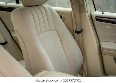 Cluj-Napoca,Cluj/Romania-12.12.2019-Well Mentained Beige Textil Upholstery Inside A Wonderful German Sedan Car, Mercedes Benz C Class, W203, Elegance Equipment. Isolated, No People, Empty Parking Lot