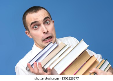 Clumsy Guy With Books, Close Up, Background, Copy Space, Front View