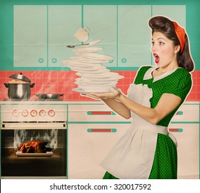 Clumsy housewife and overlooked roast chicken in an oven .Burned food retro poster kitchen background  - Powered by Shutterstock