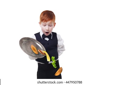 Clumsy Little Waiter Drops Food From Tray Serving Hamburger. Cheeseburger Falling With Separated Toppings. Dropping Burger Layers. Redhead Child Boy In Suit Failure, Isolated At White Background