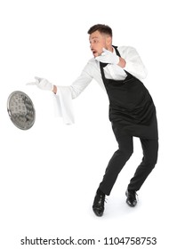 Clumsy Waiter Dropping Empty Tray On White Background