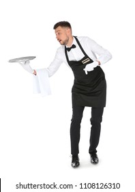 Clumsy Waiter Dropping Empty Tray On White Background