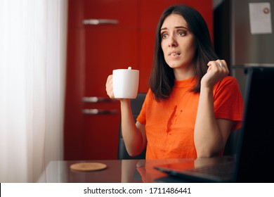 Clumsy Woman Drinking Coffee Staining Her Shirt. Girl Spilling A Hot Beverage On Her Clothes
