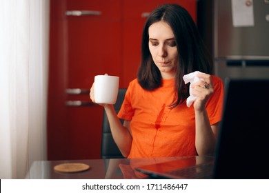 Clumsy Woman Drinking Coffee Staining Her Shirt. Girl Spilling A Hot Beverage On Her Clothes
