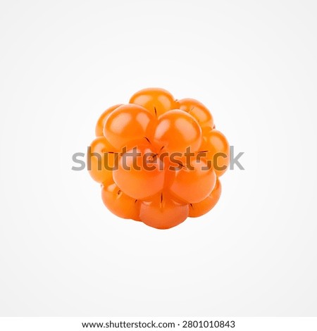 Cluster of cloudberries, bright orange and round, on white background, keywords: cloudberry