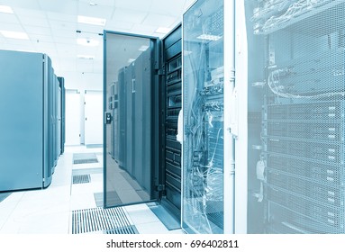 cluster disk storage with the door open in the data center. Big data