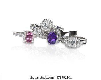 Cluster Grouping Stack Of Diamond Wedding Engagement Rings With Colored Diamonds And Gemstones