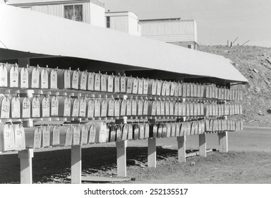 Cluster Of Mail Boxes At A Mobile Home Park In Rock Springs, Wyoming, 1970.