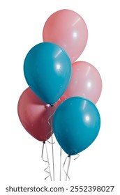 Cluster of pink and blue balloons. Bright pink balloons and vibrant blue. Festive balloons for celebrations. Balloons for parties. Party element isolated on white background.
