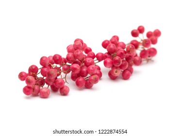 Cluster Of Pink Peppercorns, Fruit Of Peruvian Pepper Tree Schinus Molle Isolated On White 