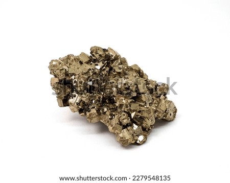 cluster of pyrite cubes with white background - also known as iron pyrite or fool's gold