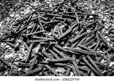 Cluster Of Railroad Nail Spikes Lay On Gravel Rocks.