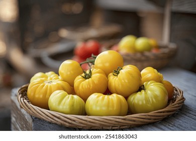 Cluster of ripe yellow cherry tomatoes on a wooden surface - Powered by Shutterstock