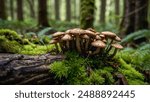 cluster of small mushrooms with brown caps growing from an old tree trunk covered with green moss in the forest.