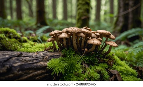 cluster of small mushrooms with brown caps growing from an old tree trunk covered with green moss in the forest. - Powered by Shutterstock