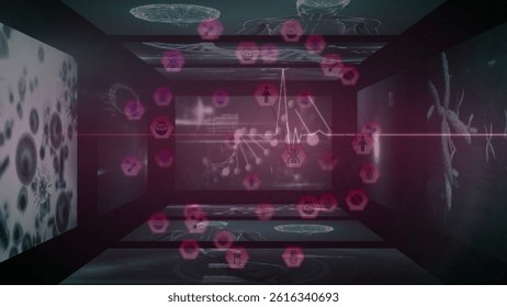 Cluster of translucent pink hexagonal icons is floating with red laser beam in 3D health room. Futuristic, immersive, digital, neuroscience, biotech, visualization, innovation