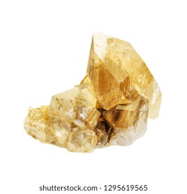 Cluster of transparent quartz crystals with golden rutile needles, isolated on white background