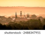 The clustered spires of downtown Frederick, Maryland at sunrise