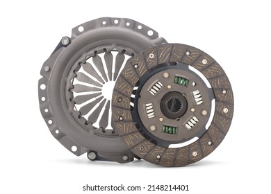 Clutch basket and disc of manual gearbox car isolated on white background. Car clutch repair kit. Automotive spare parts. - Shutterstock ID 2148214401